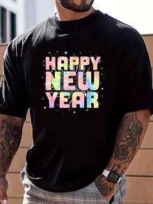 Camiseta de algodón% con estampado de teñido anudado, Feliz Año Nuevo 2026, de Nochevieja, Fuegos Artificiales, Estilo Callejero-Hop para Hombres OXCV - Negro - Ver 1