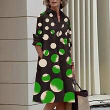 Simple Mid-Length Dress With Sleeves And A European And American Style Print. - 綠色 - 查看 1