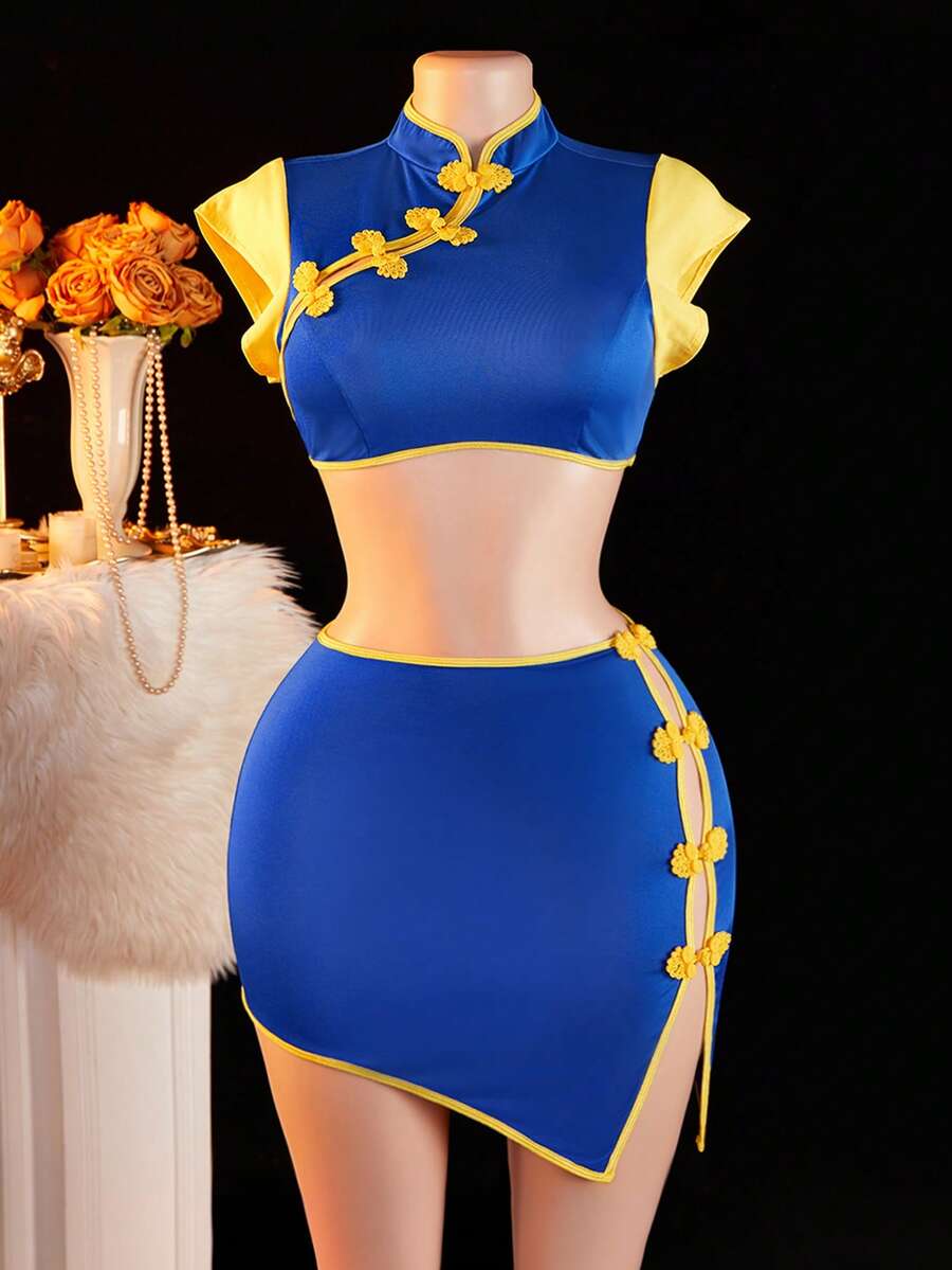 2 Pcs Women's Sexy Lingerie Set, Short-Sleeved Top With Button-Designed Slimming Skirt, Chinese Cheongsam, Role-Playing Uniform Set. - Blue - View 1