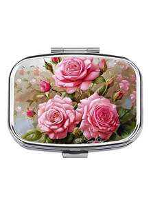 2D Flat Design, 1pc Exquisite Floral Pill Container, Small Pill Storage Box, 2-Compartment Pill Box, Portable Home Medicine Box, Suitable For Pocket, Bag, Travel, Great Gift Choice - Multicolor - View 2