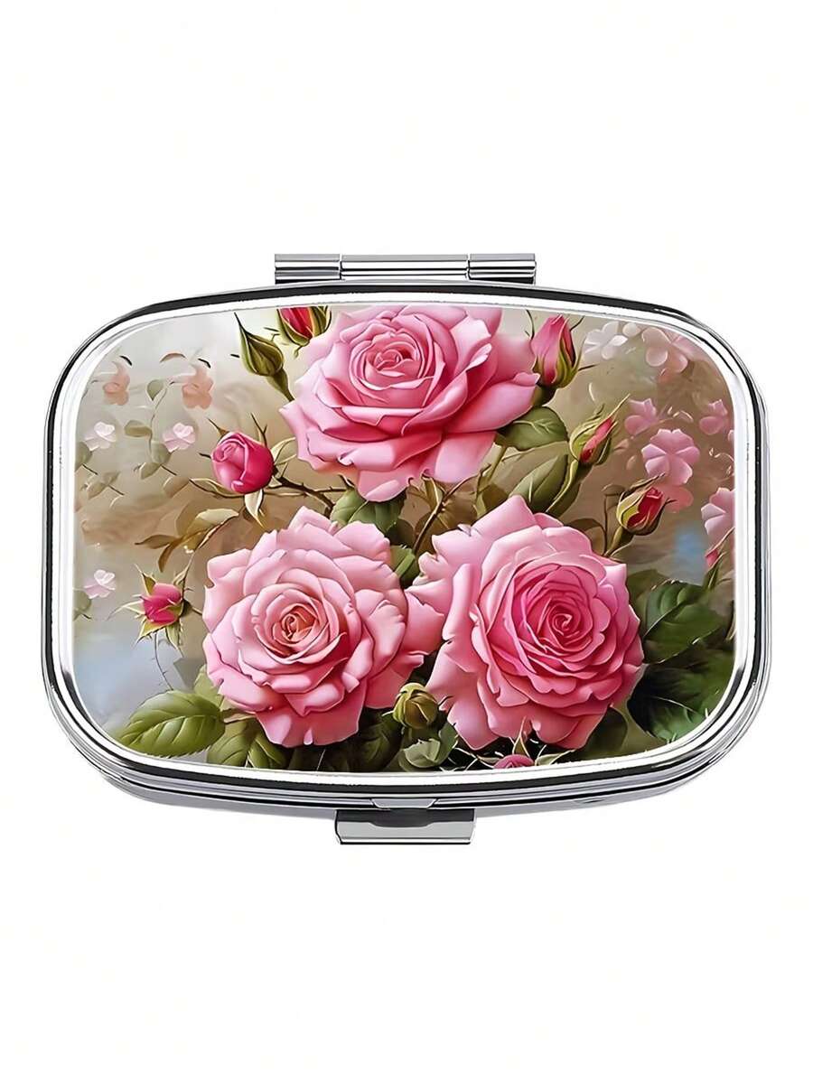 2D Flat Design, 1pc Exquisite Floral Pill Container, Small Pill Storage Box, 2-Compartment Pill Box, Portable Home Medicine Box, Suitable For Pocket, Bag, Travel, Great Gift Choice