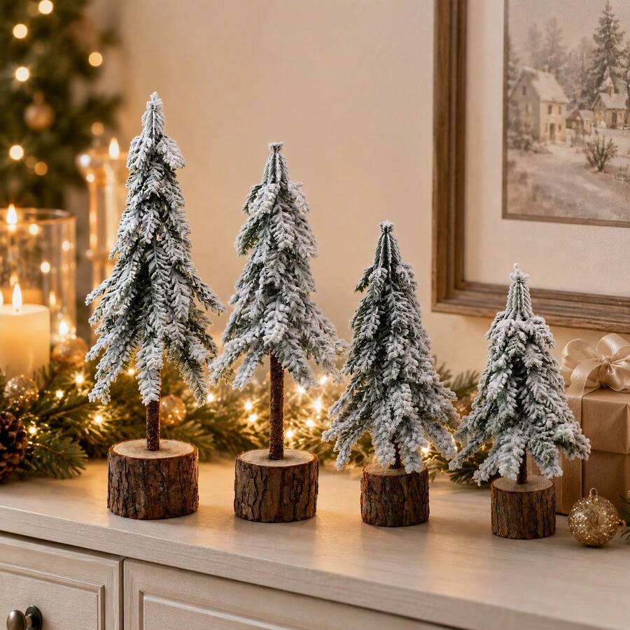 Mini Snow Flocked Christmas Tree Small Wooden Base White Snow Pine Tree For Xmas Artificial Tabletop Tiny Decoration For Bedroom Table Desk Home Party Decor Supplies - Multicolor - View 1