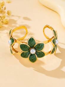 1pc Fashionable Colorful Enamel Geometric 3D Flower Open Cuff Bracelet, Acrylic Faux Pearl Accented Flower Center, Elegant Women's Floral Bracelet, Suitable For Vacation, Party, Banquet Wear - Flower Bracelet - View 8