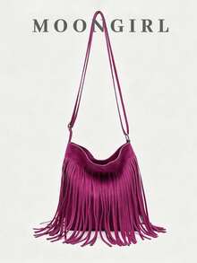 1 pieza Bolso de cubo vintage con flecos para mujer, bolso cruzado reversible con flecos - Rosa Fucsia - Ver 2