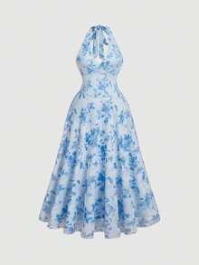MOD Plus Size Floral Print Halter Midi Dress,Party Women Dresses,Pink Women Dresses,Sundress,Elegant Women Dresses,Pastel Women Dress,Butterfly - Azul - Ver 1
