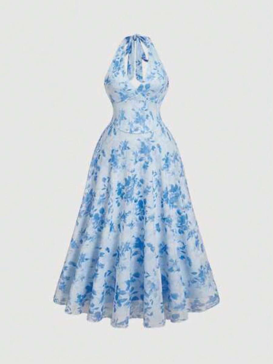 MOD Plus Size Floral Print Halter Midi Dress,Party Women Dresses,Pink Women Dresses,Sundress,Elegant Women Dresses,Pastel Women Dress,Butterfly - Azul - Ver 1