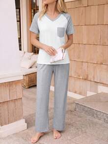 Women's Casual Colorblock Raglan Sleeve Patch Pocket Design V-Neck Pullover T-Shirt Short Sleeve Long Pants Pajama Set - Multicolor - View 4