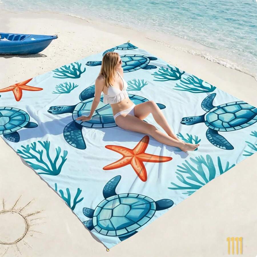1 pieza Toalla de playa/estera de tortuga azul oversized, a prueba de arena y secado rápido, adecuada para 1-3 adultos - Tela de poliéster ligera y duradera - Perfecta para viajes, camping, senderismo y tiempo de ocio en la playa, estera de playa, estera de picnic, cubierta de suelo de camping - Multicolor - Ver 1