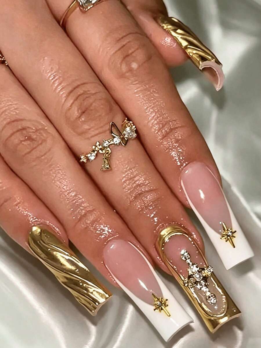 24pcs French Press On Nails, Rectangle, Embellished With Large 3D Gold Rhinestones, XXL/XXXL Size, Metal Accessories Design, Luxury Y2K Style, Smooth Surface, Full Cover, Suitable For Daily Wear For Women And Girls. - Multicolor - View 1