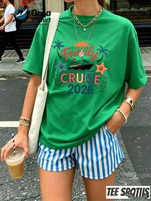 Women's Y2K Casual Summer T-Shirt 2026, New Women's Pure Cotton Crew Neck Short Sleeve T-Shirt With "Family Cruise 2026" Print And Text, Fashion Brand Top, Ad - 綠色 - 查看 1