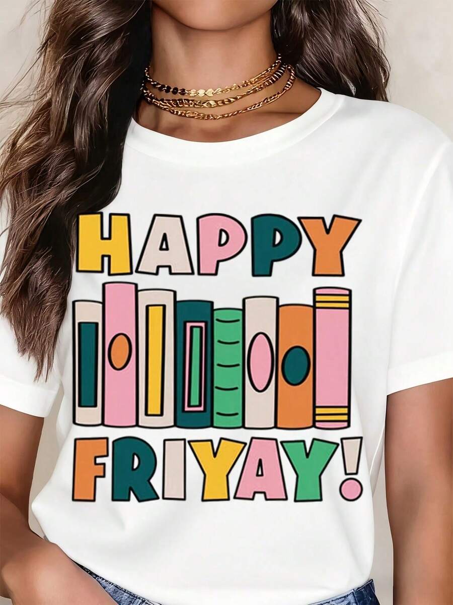 Camiseta Happy FRIYAY para amantes de los libros, camiseta divertida para profesores, cuello redondo casual y top de moda de verano, fácil de combinar con jeans y shorts, perfecta para días - Blanco - Ver 1