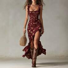 Vestido de tirantes finos para mujer, con volantes, sin mangas, de corte midi con abertura alta, vestido fluido informal para vacaciones en la playa. - Blanco - Ver 6