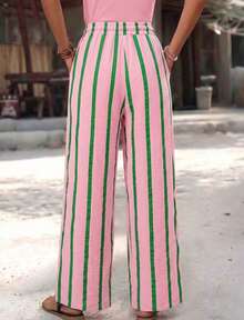 Women's Summer Pink Striped Wide Leg Pants, Elastic Waist Casual Loose Beach Pants, Bohemian Vacation Outfit Pink Vertical Stripe Straight Leg Pants, Loose Fit - Pink - View 3