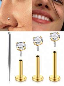 CIZME 18G 6/8/10mm Edelstahl vergoldeter Lippenring/Lippenstecker/Ohrstecker, Innengewinde Lippenpiercing Schmuck, Unisex; 6/8/10mm facettierter kubischer Zirkonia flacher Boden Lippenring/Knorpelstecker/Nasenring/Nasenstecker, Stahl Lippenstecker/Piercing Schmuck, Alltagsschmuck, Damen vergoldet - Gold - Übersicht 1