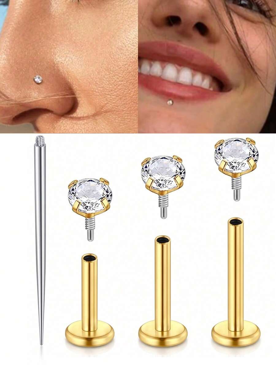 CIZME 18G 6/8/10mm Edelstahl vergoldeter Lippenring/Lippenstecker/Ohrstecker, Innengewinde Lippenpiercing Schmuck, Unisex; 6/8/10mm facettierter kubischer Zirkonia flacher Boden Lippenring/Knorpelstecker/Nasenring/Nasenstecker, Stahl Lippenstecker/Piercing Schmuck, Alltagsschmuck, Damen vergoldet - Gold - Übersicht 1