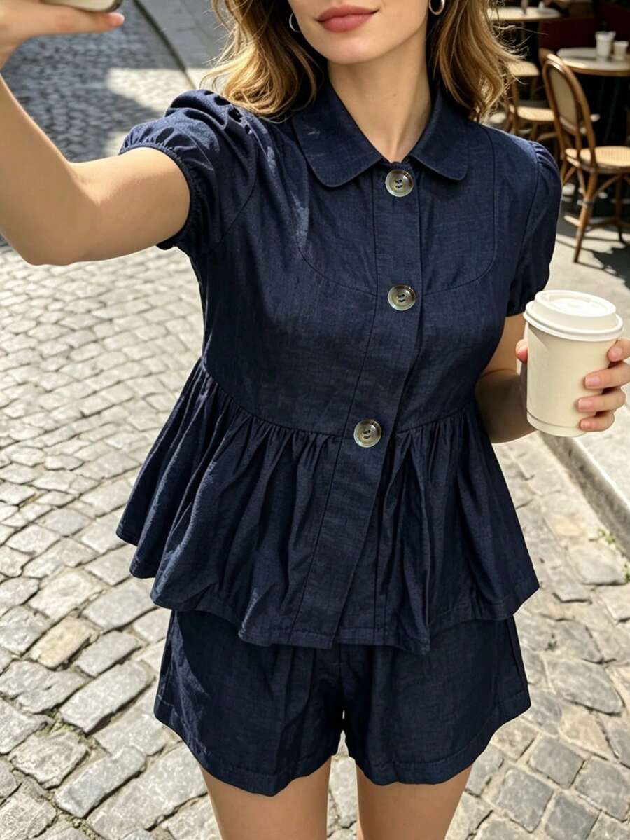 女士短袖彼得潘领开襟柔软牛仔效果衬衫短裤两件套,夏季优雅 - 深色水洗藍 - 查看 1