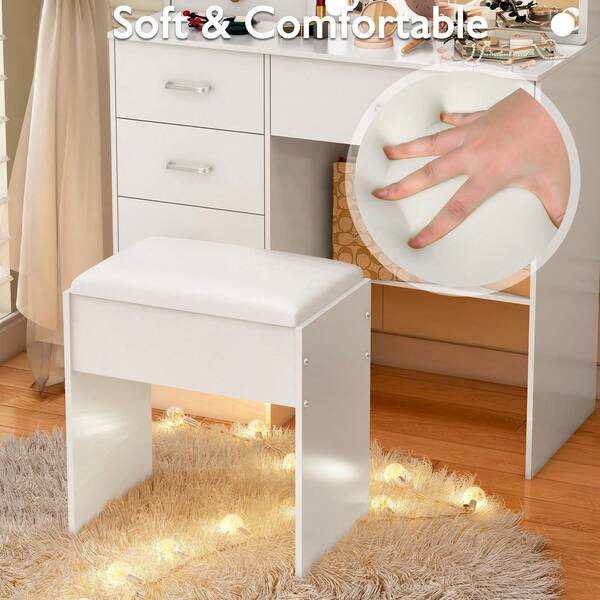 White Wooden Dressing Table Stool With Soft Padded Faux Leather Cushion, 36*24*42cm Heavy Duty Vanity Bench, 120kg Load Capacity Stable Makeup Stool For Bedroom Cosmetic Desk Walk-In Wardrobe