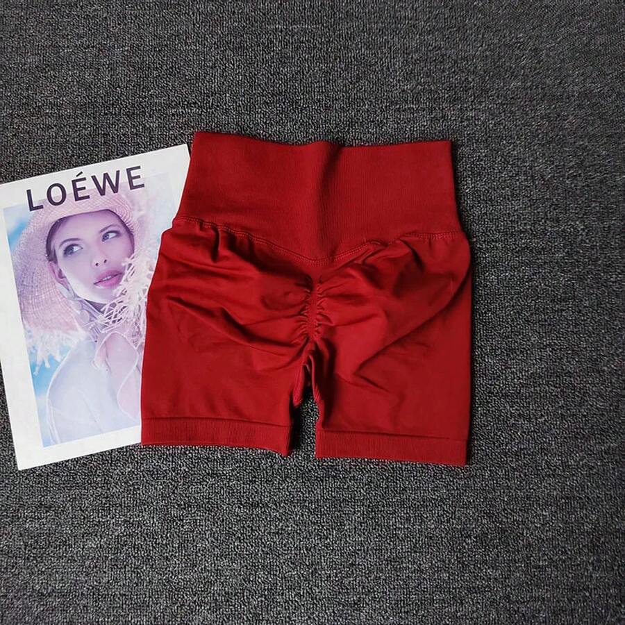 Peach Yoga Shorts For Girls, High Waisted Crisscross Shorts, Snap Knit, Running, Sports, Elastic, Tummy Lift, Butt-Skimming Shorts - 紅色 - 查看 1