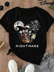Disney Nightmare Before Christmas Print Women Plus Size Round Neck T Shirt Character Design Halloween Party Wear - Black - View 4