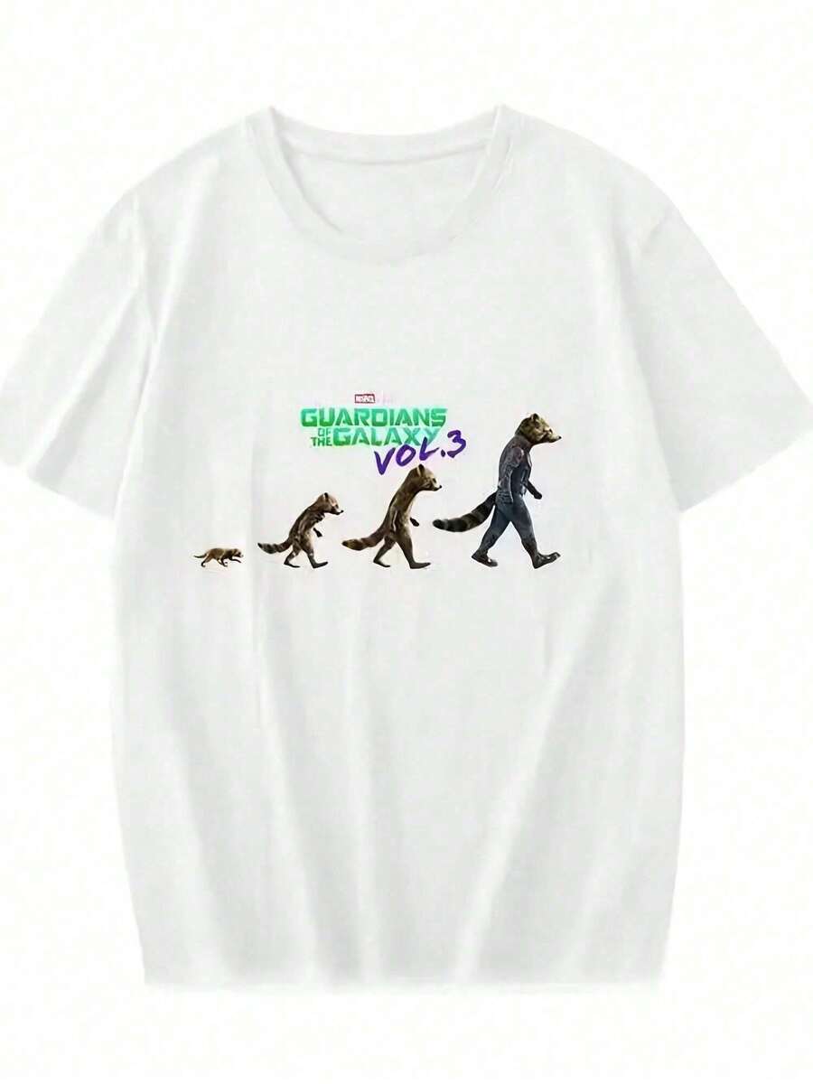 Camiseta Amplia con Estampado de Mapache Evolutivo Cuello Redondo Básica Moda Juvenil Estilo Urbano Casual Y2K Blusa Retro - Blanco - Ver 1