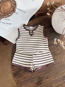 2pcs Baby Girls' Minimalist All-Match Versatile Waffle Stripe Tank Top And Matching Shorts Set, Summer - Camel - View 3