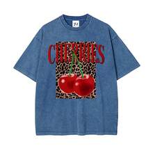 Camiseta de Verano para Mujer de Talla Grande, Estampado Divertido Estilo Hip-Hop "Leopard Cherry Letters", Diseño Personalizado, Estilo Urbano Coreano Y2k, Ropa de Mujer, Cuello Redondo, Ma - azul real - Ver 1