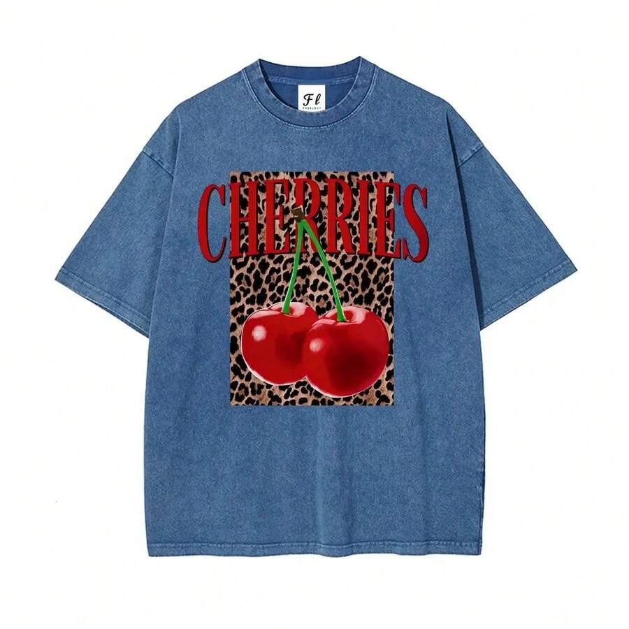 Camiseta de Verano para Mujer de Talla Grande, Estampado Divertido Estilo Hip-Hop "Leopard Cherry Letters", Diseño Personalizado, Estilo Urbano Coreano Y2k, Ropa de Mujer, Cuello Redondo, Ma - azul real - Ver 1