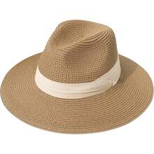 Sombrero de paja de ala ancha para mujer Lanzom, estilo Panamá, enrollable, para playa, con protección solar UPF50+ - Rojo - Ver 24