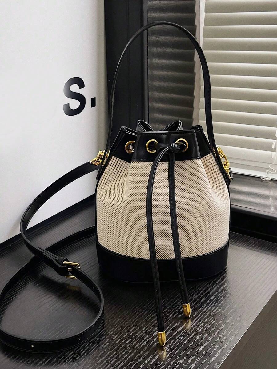 Bolso de cubo para mujer, bolso de hombro cruzado casual de paja con cordón - Albaricoque - Ver 1