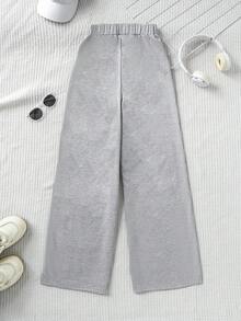 Autumn/Winter Casual Vacation Versatile Knit Letter & Bow Print Wide Leg Long Pants For Teen Girls - Grey - View 4