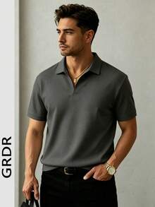 GRDR Men's Lightweight Mandarin Collar Simple Short Sleeve T-Shirt, Casual & - Dark Grey - View 1
