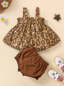 Spring/Summer Baby Girl 2pcs Set, Dark Brown Leopard Print Camisole Top + Black Bow Knotted Diaper Cover - Camel - View 2