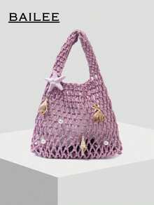 BAILEE 1 Set de Bolso Tote Tejido de Poliéster con Base de Malla de Ganchillo, Multicolor, Sólido, Patrón de Diamantes Acolchado, Ligero, Portátil, de Gran Capacidad, Bonito y a la Moda, Bol - Púrpura malva - Ver 2