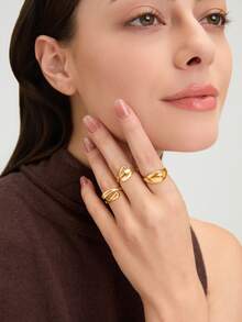 Ashenrae 3pcs/Set Women's Personalized Adjustable Street Hip-Hop Style Rings, Suitable For Daily Wear - Yellow Gold - View 5