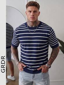 GRDR Men's Minimalist Striped Basic Crew Neck Short Sleeve Knit Sweater, Spring/Summer - Black - View 3