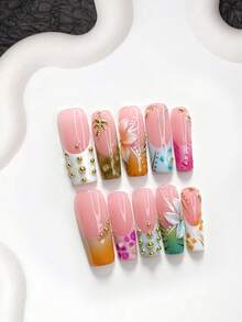 10pcs Island Vacation Style Handmade Press-On Nails, Polygel Nail Art Set, Coconut Tree & Petal Design, Magenta, Blue & Orange Nail Polish, Fresh Style, Includes Nail Tools, 3 Sizes Available, Almond, Duck, Coffin Shape, Suitable For Party, Dancing, Daily Wear - 彩色 - 查看 17