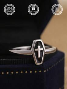 1pc S925 Sterling Silver Coffin Cross Ring, Dark Style Personalized Resin Inlaid Silver Ring, Punk Style, Suitable For Daily, Party, Bar Wear, Gift Box Included - Coffin Cross - View 15