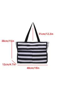 Bolso de lona de gran capacidad para mujer, bolso de hombro a rayas para ir al trabajo y hacer compras - Negro - Ver 9