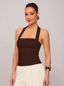 Camisola  para Mujer, de Color Sólido, con Cuello Halter y Espalda Descubierta, para Verano - Albaricoque - Ver 17