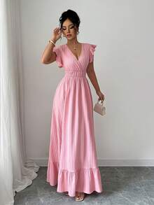 Vestido Informal Formal Rosa Pastel Sin Mangas Completas, Diseño Envolvente en Bust, Falda Amplia con Borde de Volantes para Paseos y Cenas Románticas - Rosa - Ver 4