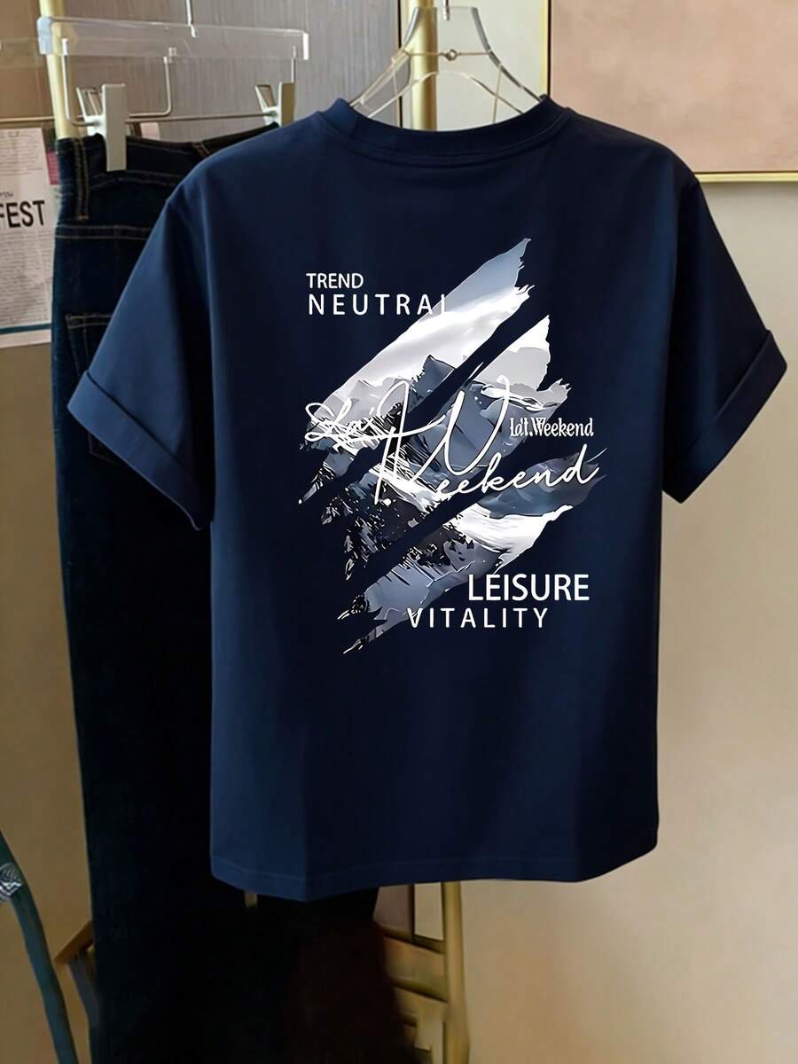Camiseta de Manga Corta para Hombre, Nueva Colección Verano 2026, Estampado Moderno, Cuello Redondo, 100% Algodón, Versátil - Gris - Ver 1