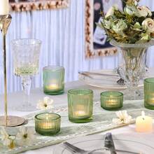 2PCS Ribbed Gold Votive Candle Holders, Assorted Glass Tea Light Candle Holders For Wedding Centerpieces, Brithday, Party And Holiday Decorations - Green - View 3