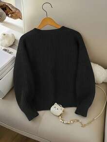 1pc Girls' Elegant Fashion Academy Minimalist Solid Color V-Neck Button Decor Knit Cardigan, Spring/Autumn/Winter Back To School Season - Black - View 2