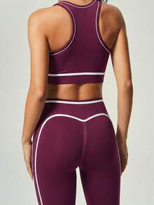 UONNOU Top Cropped Feminino Branco com Decote Redondo e Acabamento Contrastante Sem Mangas & Legging Sem Costura Cintura Alta com Efeito Levanta Bumbum em Formato de Pêssego, Ultra Macio com Elasticidade 4-Way Amigável à Pele - Roxo - Visão 4