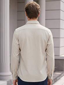 Officeau Men's Linen Solid Color Patch Pocket Front Button Casual Long Sleeve Shirt, Suitable For Autumn/Winter Occasions - Apricot - View 2