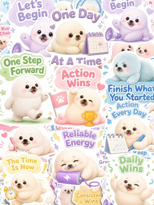 50Pcs Pastel Fluffy Seal Positive Stickers, Calendar, Trophy, Alarm Clock Action Text Decals, Perfect For Planner Layout, Diary Embellishment & Aesthetic Handmade Accessories