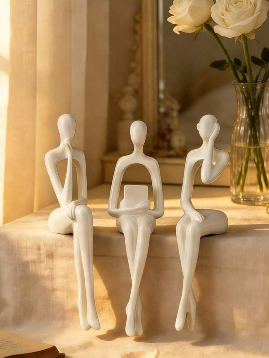 1pc White Sitting Figurine, Abstract Bookshelf Decor, Study, Living Room Desktop Ornament, Holiday Living Room Desk Bookshelf Decoration Gift, Back To School Gift