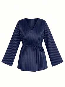 Women's Spring New Minimalist Long Sleeve Tie Front Blouse Shacket, Suitable For All Seasons - Navy Blue - View 3