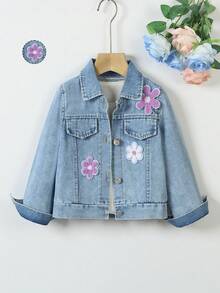 Young Girls Jackets & Coats Spring/Autumn New Cute College Style Towel Embroidery Flower Patch Decor Classic Retro Versatile Blue Denim Jacket Long Sleeve Short Top Back To School - Blue - View 3