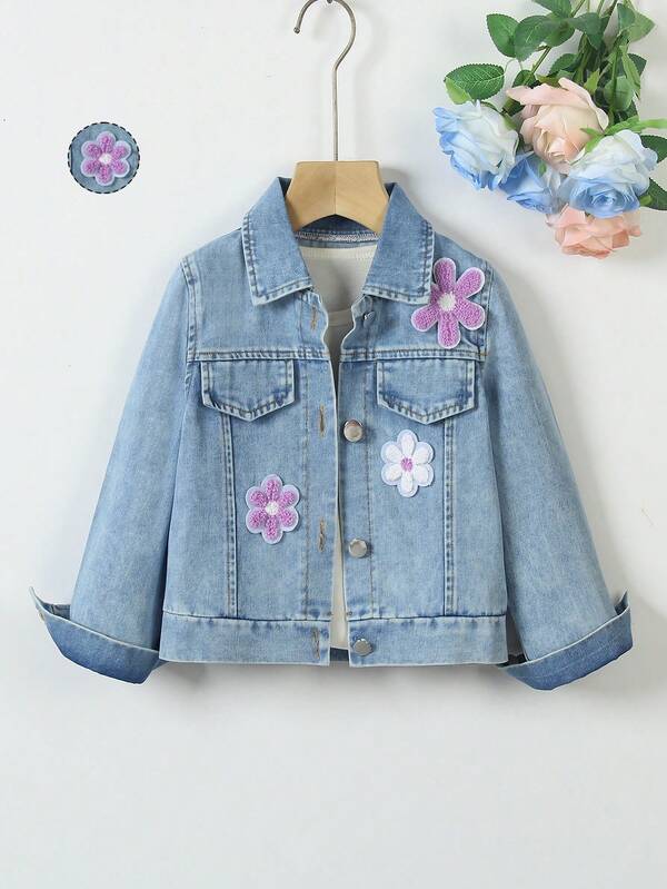 Young Girls Jackets & Coats Spring/Autumn New Cute College Style Towel Embroidery Flower Patch Decor Classic Vintage Versatile Blue Denim Jacket Long Sleeve Outerwear Short Top
